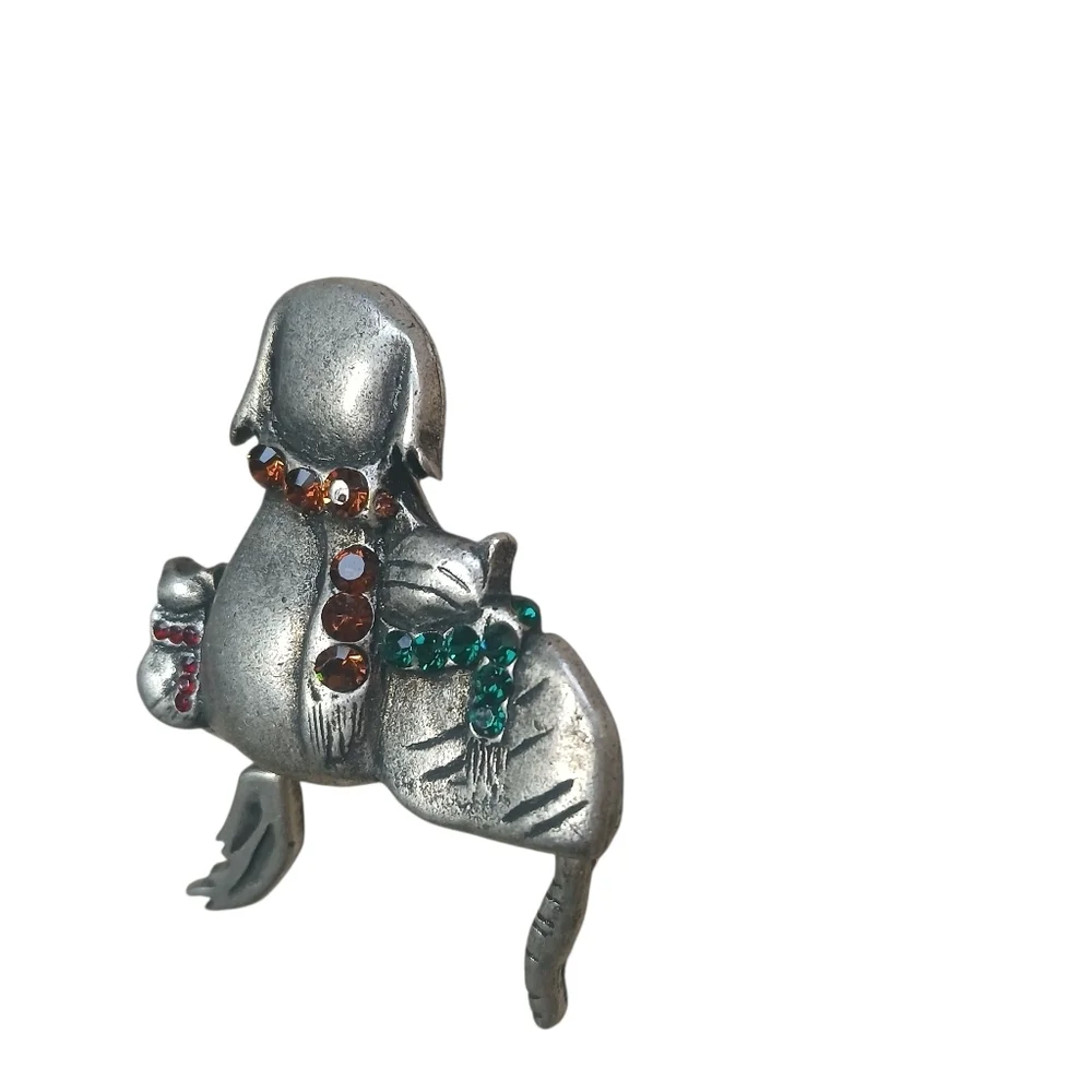 Vintage Brooch Crafted Pin Cat and Puppy Tail Friends Rhinestones Classic Pewter